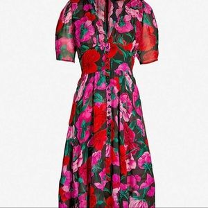 The Kooples Dolce Vita Floral Button Down Deep V Midi Dress Black Pink